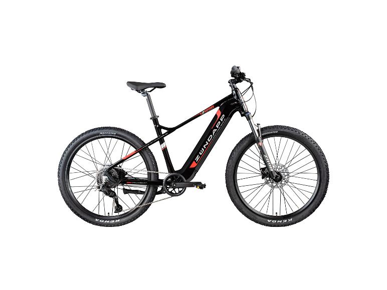 Schwarzes Elektro-Mountainbike mit roten Akzenten und Stollenreifen.