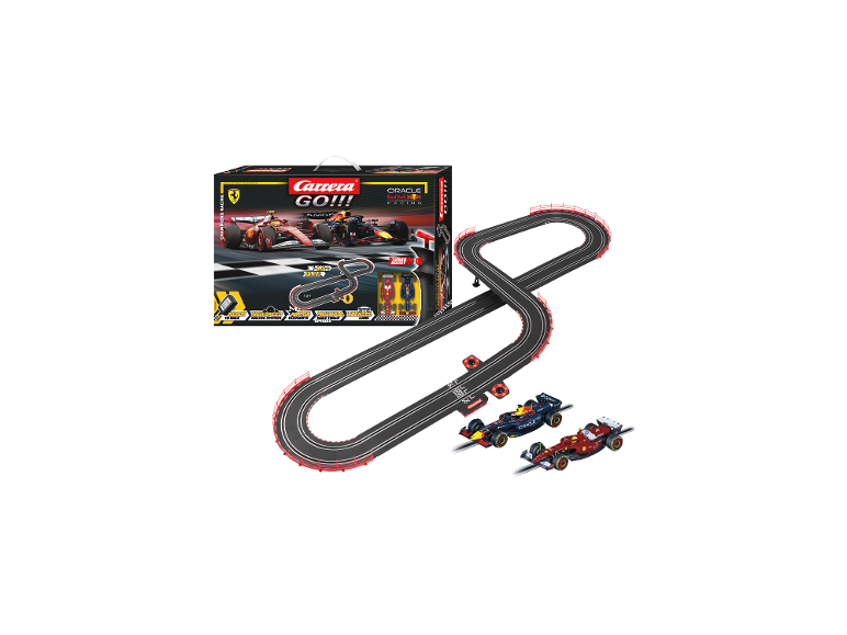 CARRERA Champion's Racing Rennbahn mit zwei Formel-1-Autos und Verpackung.