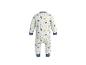 Weißer Baby-Strampler mit bunten Micky-Maus-Kopf- und Punktmustern.