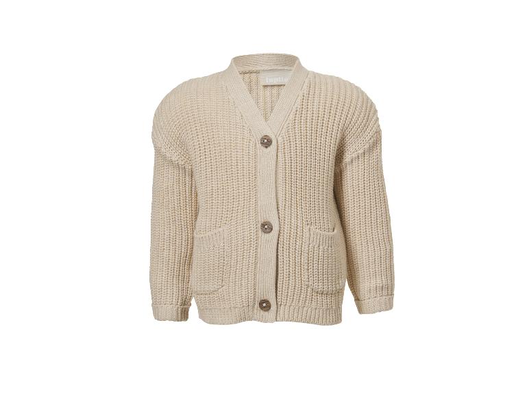 Beiger Strickcardigan mit V-Ausschnitt, Knöpfen und Taschen.