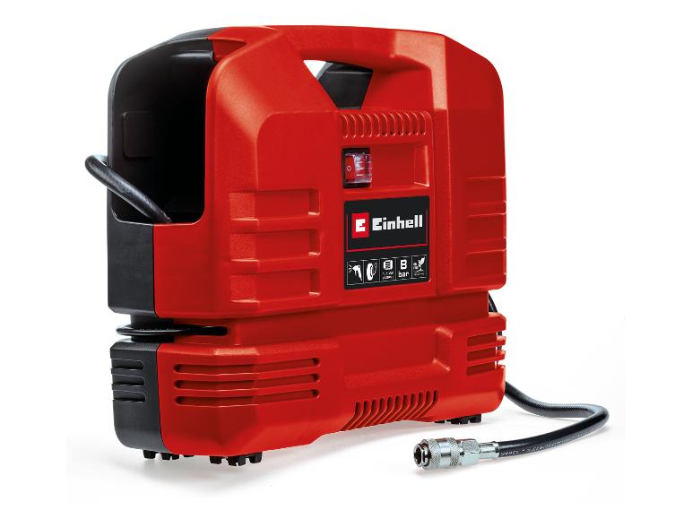 Roter Kompressor mit schwarzen Details und einem Schlauch mit Schnellkupplung.