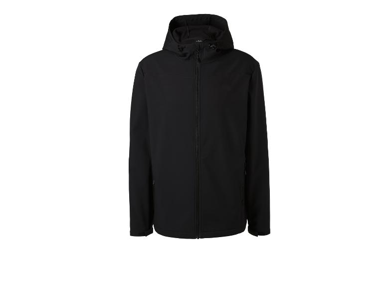 Schwarze Herren-Softshelljacke mit Kapuze und Reißverschluss.