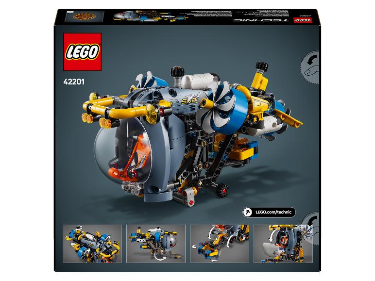 LEGO Technic 42201 Box mit einem gelben, blauen und grauen U-Boot, mit Propellern und transparentem Cockpit.