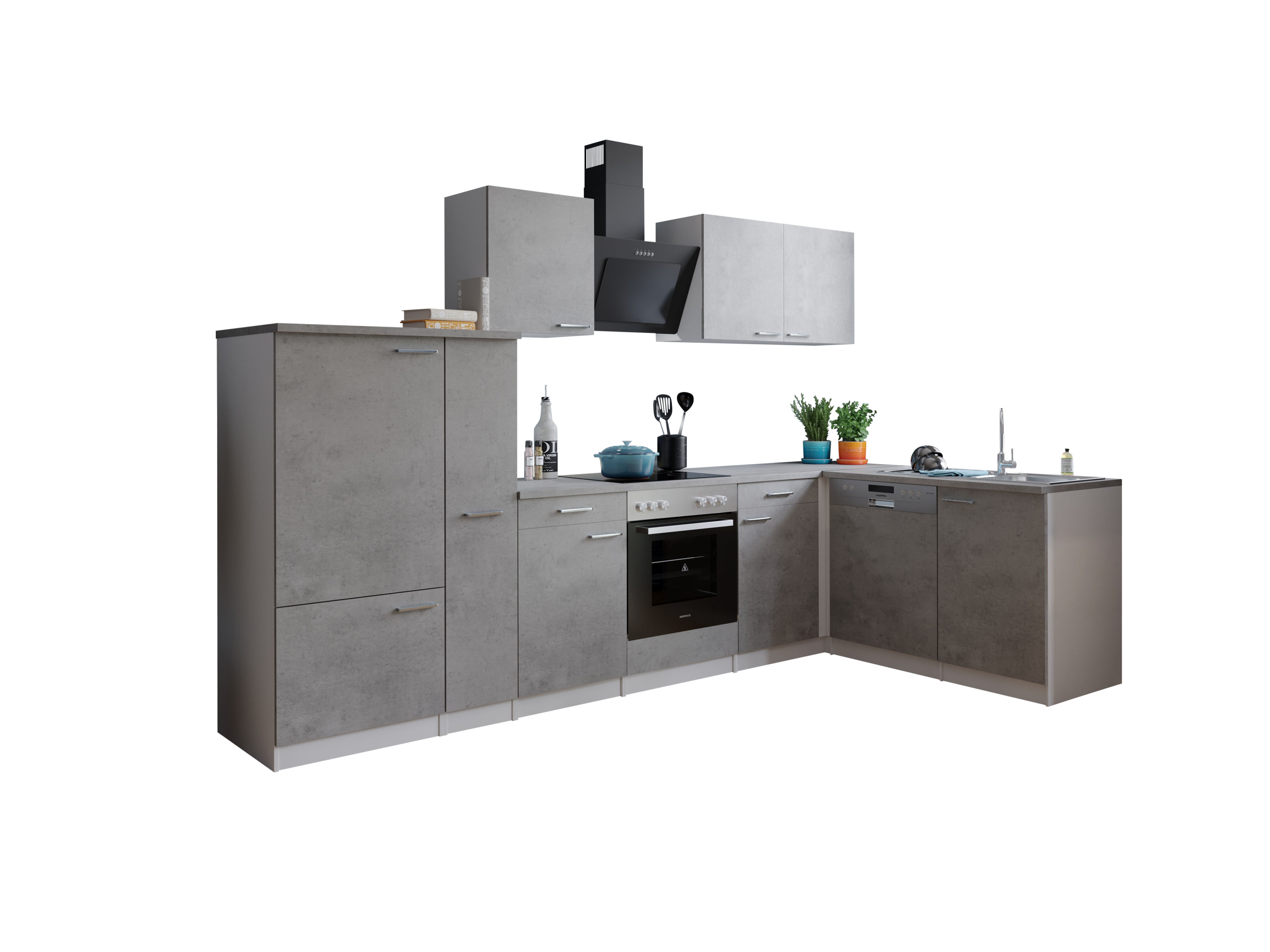 RESPEKTA Malia Winkelküche (Glask.kochf., Kühlschr., GSP, Beton, 310 x 172 cm)
