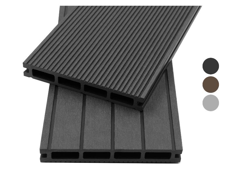 Anthrazitfarbene WPC-Terrassendielen mit sichtbaren Hohlkammern.