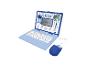 Blauer Spielzeug-Laptop im Stitch-Design mit blau-weißen Streifen und Maus.