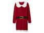 Rotes Weihnachtspulloverkleid mit weißem Kragen, schwarzen Knöpfen und Gürtel.