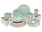 Keramikgeschirr: Teller, Schalen und Tassen mit blaugrünem Glasureffekt.