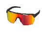 Sportsonnenbrille mit schwarzem Rahmen und rot-orangen Spiegelgläsern.