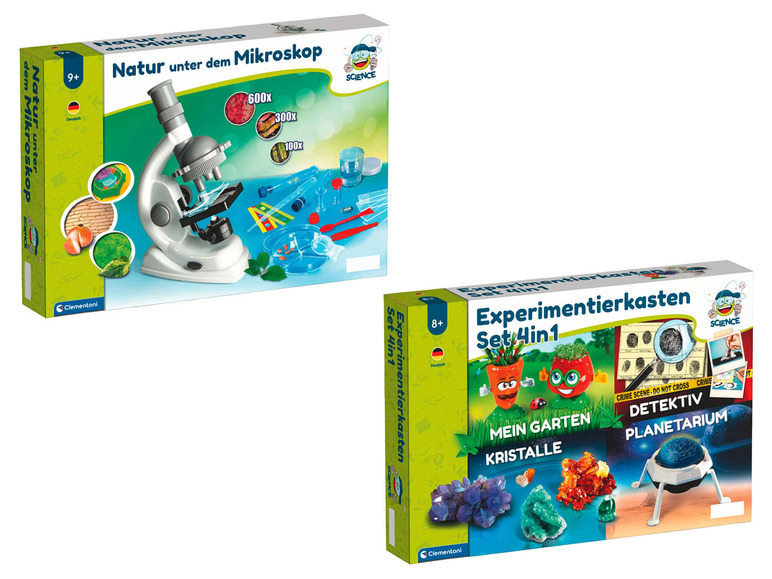 Ein Mikroskopset und ein Wissenschafts-Experimentierset mit Garten, Kristallen, Detektiv und Planetarium.