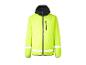 Neon-gelbe Sportjacke mit schwarzer Kapuze und reflektierenden Details.