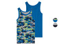 Zwei Tanktops für Jungen, eines mit Camouflage-Muster und eines unifarben blau.