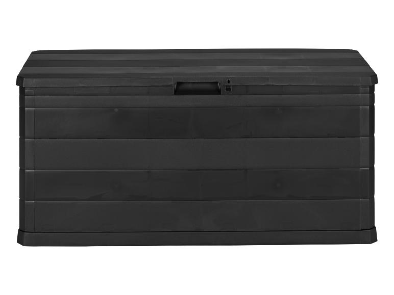 Schwarze Kunststoff-Gartenbox mit strukturierter Oberfläche und Griff am Deckel.
