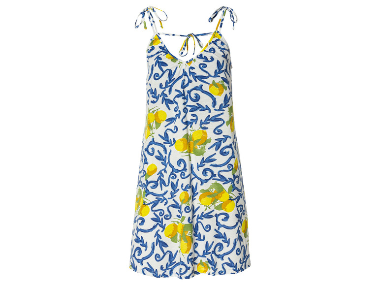 Ein weißes Kleid mit blauem und gelbem Zitronenmuster.