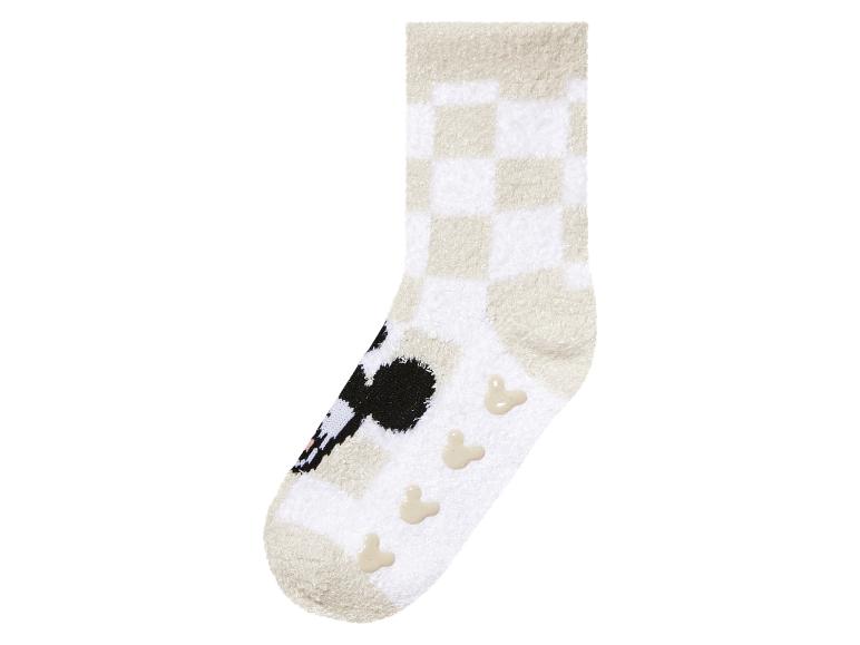 Weiße und beige Socken mit Mickey Mouse-Motiv und Karomuster.