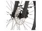 Fahrradvorderrad mit Gabel, Bremsscheibe und Bremssattel.