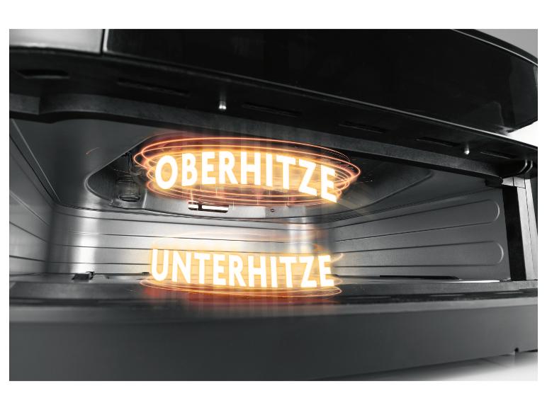 Innenansicht eines Ofens mit leuchtendem Text „OBERHITZE“ (Oberhitze) und „UNTERHITZE“ (Unterhitze).