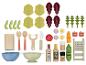 Holz-Salat-Spielset mit Utensilien und Zutaten.