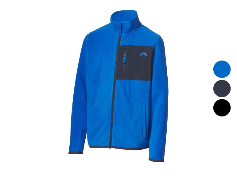 Blaue Fleecejacke mit Reißverschluss und Taschen, mit angezeigten Farboptionen.