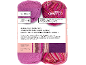 Zwei Knäuel pinkfarbene und mehrfarbige 4-fädige Sockenwolle mit Strickanleitung.