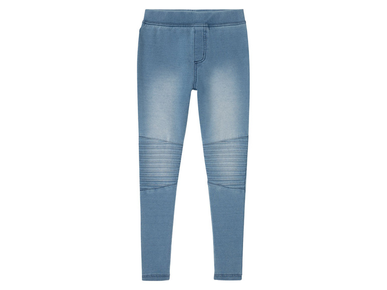 Blaue Jeansleggings mit Motorrad-Details.