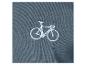 Nahaufnahme eines grauen T-Shirts mit einer gestickten weißen Fahrrad-Grafik.