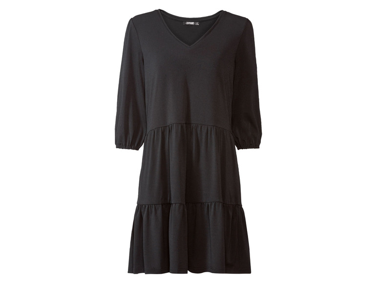 Schwarzes Kleid mit V-Ausschnitt und Dreiviertelärmeln.