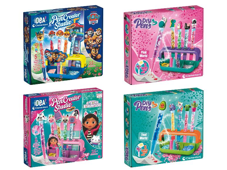 Vier verschiedene Clementoni IDEA Stifte-Atelier Sets mit Paw Patrol, Gabby's Dollhouse und DIY-Themen.