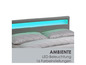Ein graues Bett mit LED-beleuchtetem Kopfteil.