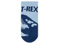 Blaue Socken mit einem T-Rex-Motiv.