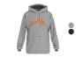 Grauer Kapuzenpullover mit orangefarbenem Logo und Bauchtasche.