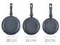 Drei Pfannen mit Granitbeschichtung in den Größen 28 cm, 24 cm und 20 cm.