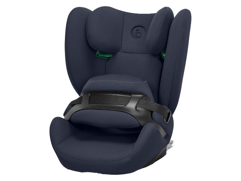 Dunkelblauer Cybex Pallas B Kindersitz mit Sicherheitsgurt und verstellbarer Kopfstütze.