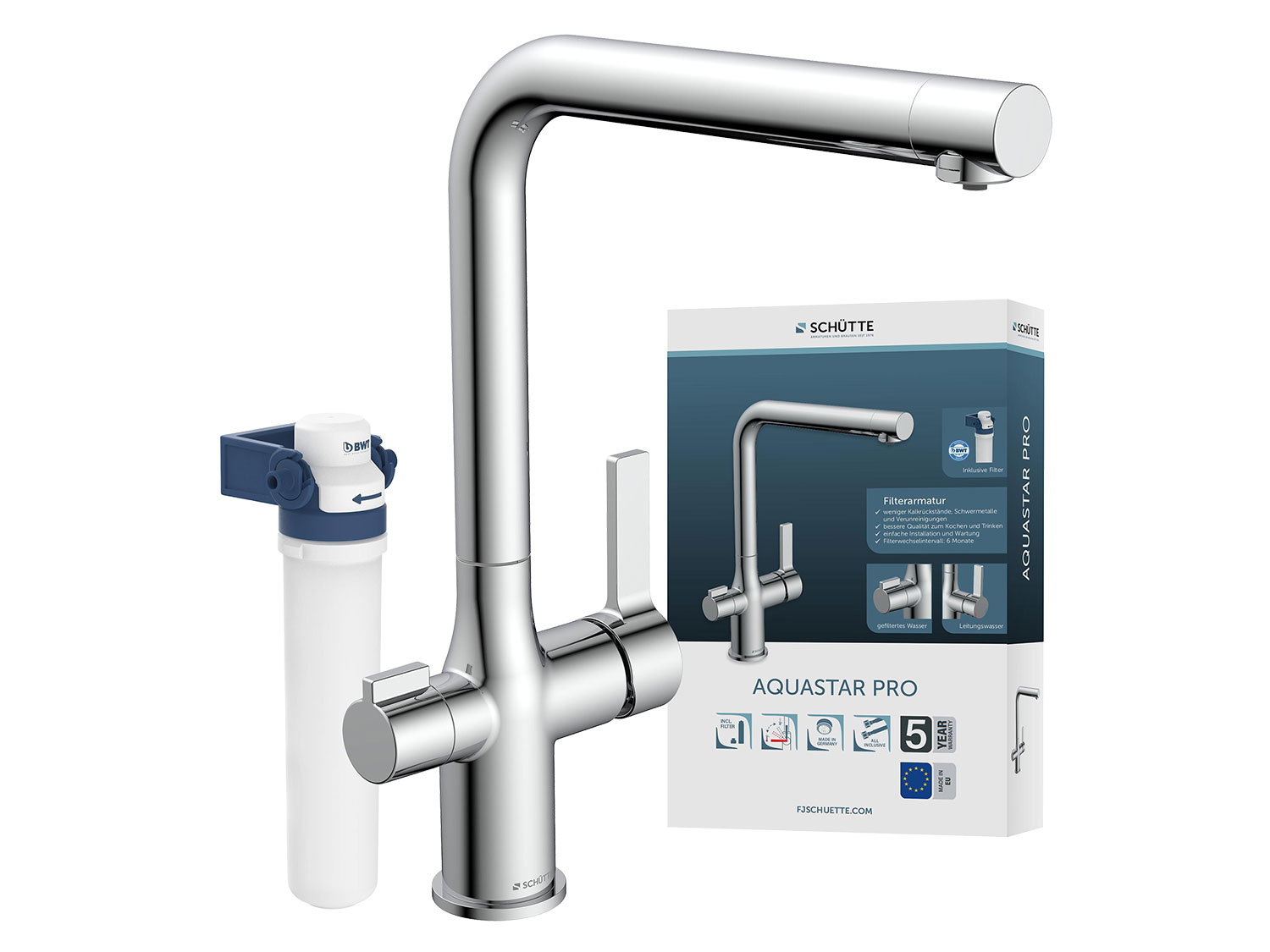 Schütte Küchenarmatur mit FILTERSYSTEM AQUASTAR PRO (Chrom)““ | gefährlichen Schwermetallen sowie potenzielle Verunreinigungen im Leitungswasser Perfektion im Geschmack – Die Aquastar Küchenarmatur für höchste Qualität beim Kochen und Trinken Komfortabler Druckknopf zur Einstellung der Strahlart. Elegant und praktisch gelöst Der Wasserhahn wird spielend leicht installiert und gewartet Das Filterwechselintervall beträgt ca. 6 Monate Das Komplett-Set umfasst die Mischbatterie inklusive Filter und Filterkopf Produktmerkmale tabletd Art: Einhebelarmatur Einsatzbereich: Küche Farbe: chrom, schwarz, edelstahl Anti-Kalk: Filterkartusche Anzahl Strahlarten: – Ausführung: schwenkbar Anschluss: – Material: – Gewicht: 2800 g Lieferumfang: Filterarmatur inkl. Montageanleitung, europäischem Marken-Filter, Filterkopf, Befestigungsmaterial““