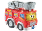 Rotes Spielzeug-Feuerwehrauto mit Leiter und lachendem Gesicht, mit der Aufschrift 'Feuerwehrauto'.