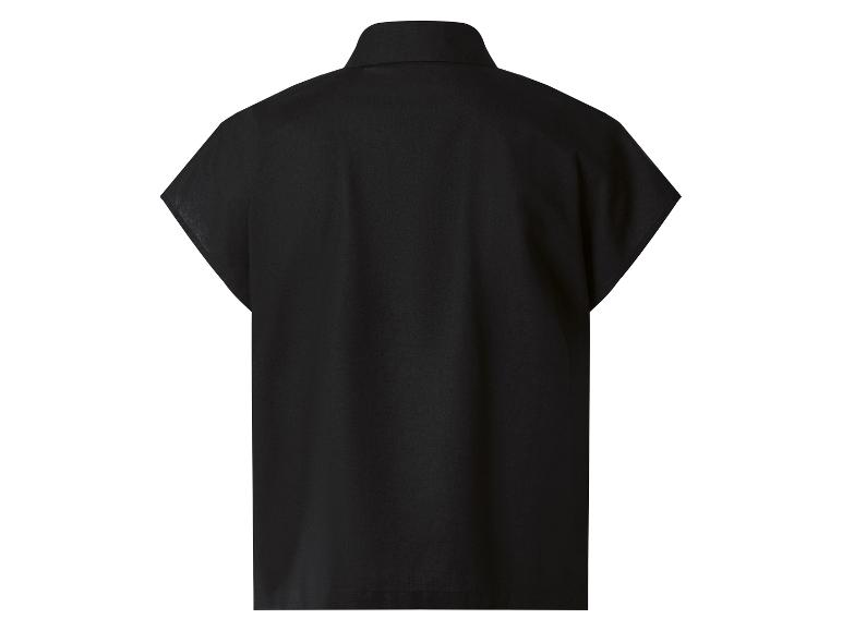 Schwarze Damenbluse mit kurzen Ärmeln, Rückansicht.