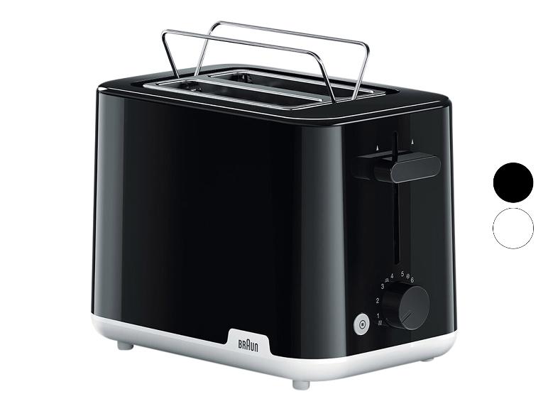 Schwarzer Toaster mit weißen Akzenten, zwei Schlitzen und Bräunungsregler.