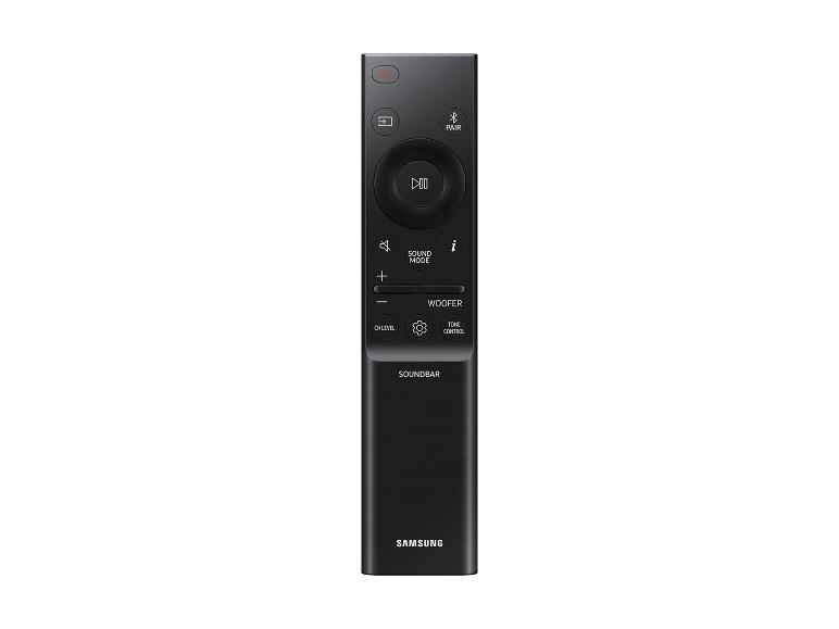 Schwarze Soundbar-Fernbedienung mit Lautstärke- und Soundmodus-Tasten.