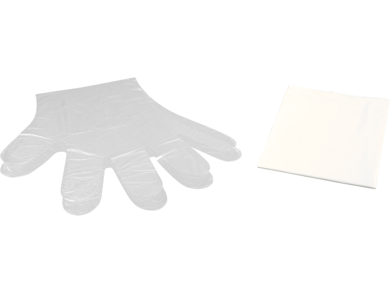 Transparenter Plastikhandschuh und weiße Papiertüte.