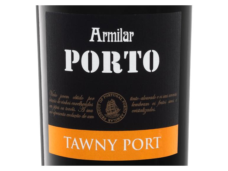 Armilar Porto Tawny Port Weinflasche mit schwarzem und orangefarbenem Etikett
