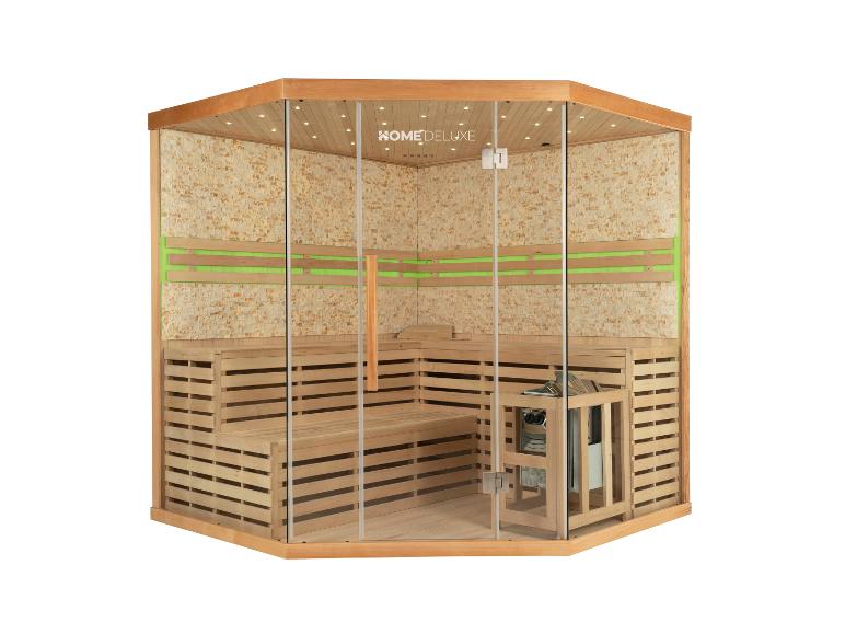 HOME DELUXE Innensauna mit Steinwänden, Holzbänken und Glastür.