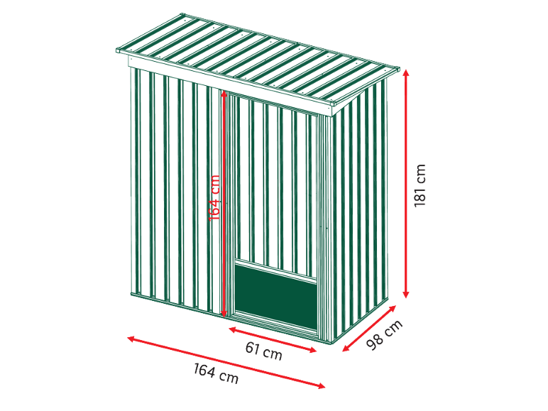 Grüner Gartenschuppen mit den Maßen 164 cm (Breite) x 98 cm (Tiefe) x 181 cm (Höhe).