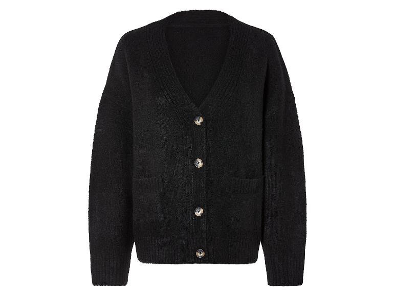 Eine schwarze Strickjacke mit Knöpfen.