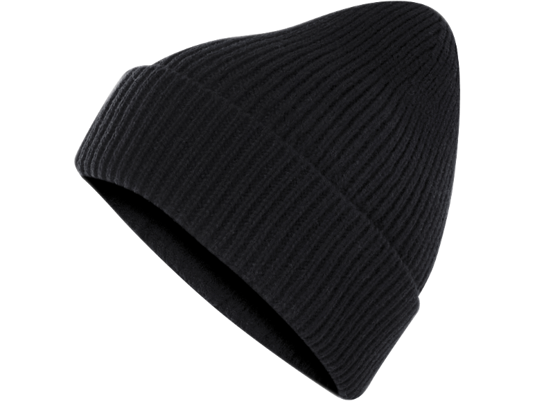 Schwarze Strickmütze mit umgeschlagenem Rand, von oben gesehen.