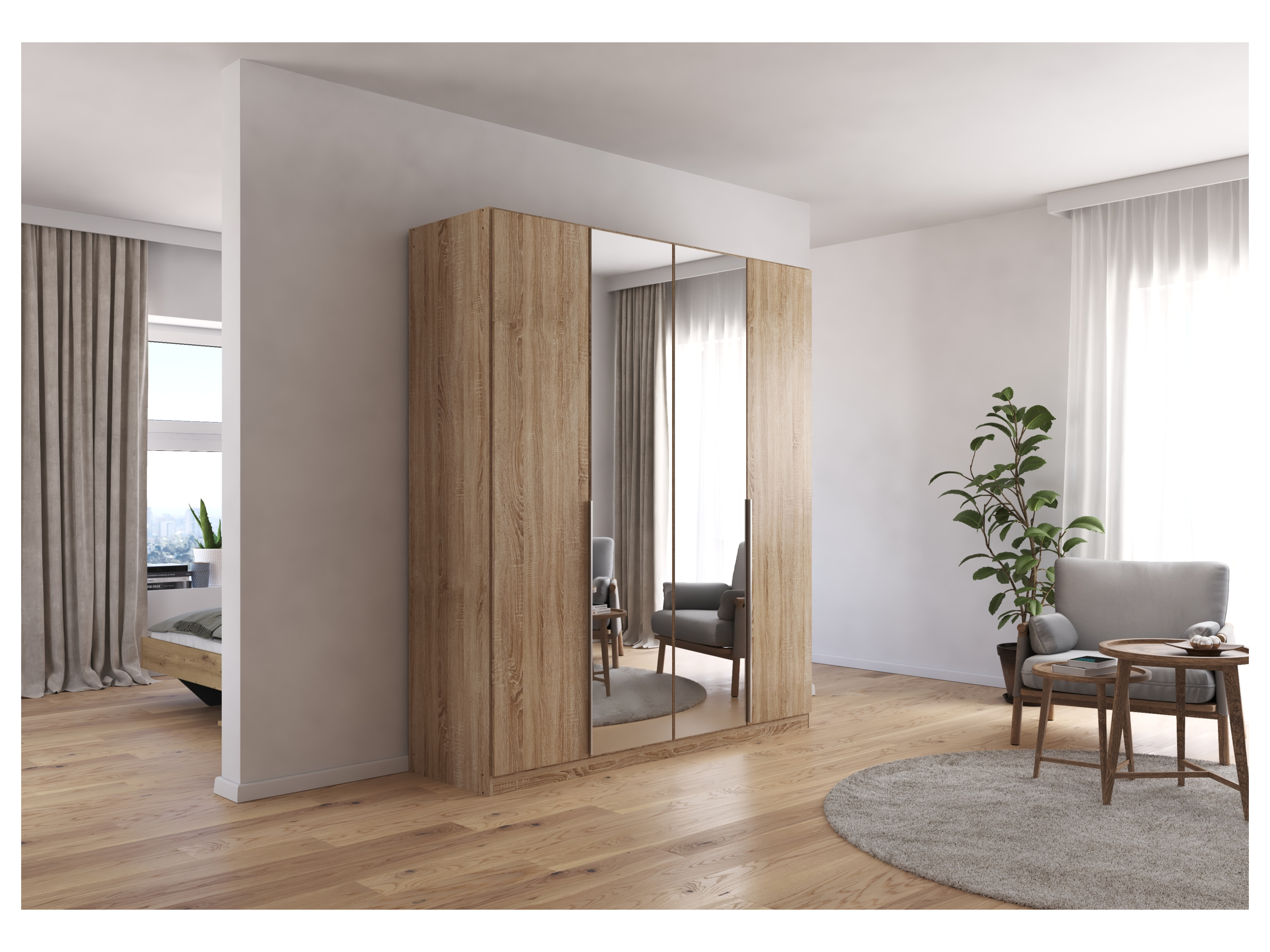 RAUCH ORANGE Drehtürenschrank Alabama mit Spiegel (Premium-Zubehör, Eiche Sonoma, Griffe Alufarben, 181 x 210 cm) – Bild 2 von 4