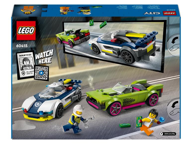LEGO City Set 60415 mit Polizeiauto, grünem Sportwagen und Minifiguren.