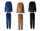 Drei Samt-Umstands-Trainingsanzüge in Blau, Braun und Schwarz.