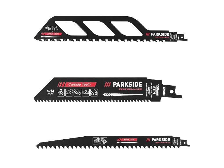 Drei Parkside Performance Sägeblätter mit Hartmetallzähnen für verschiedene Materialien.