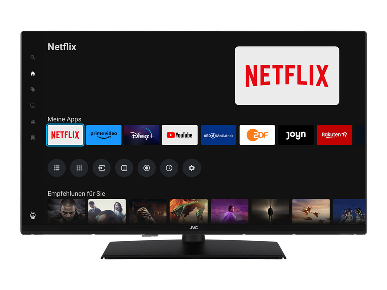 Ein JVC TV-Bildschirm mit Streaming-Diensten, darunter Netflix, Amazon Prime Video, Disney+ und YouTube.
