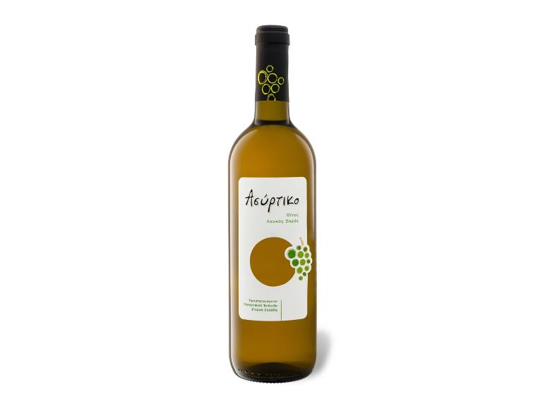Assyrtiko Weißweinflasche mit weißem Etikett und grünen Trauben.